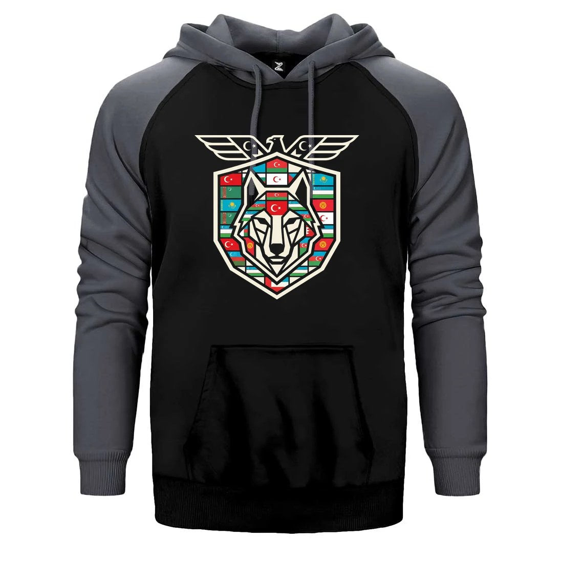 Kanatlı Arma Bayraklı Kalkan Bozkurt Baskılı Çift Renk Reglan Kol Sweatshirt / Hoodie