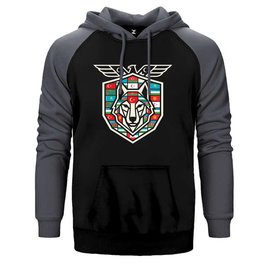Kanatlı Arma Bayraklı Kalkan Bozkurt Baskılı Çift Renk Reglan Kol Sweatshirt / Hoodie