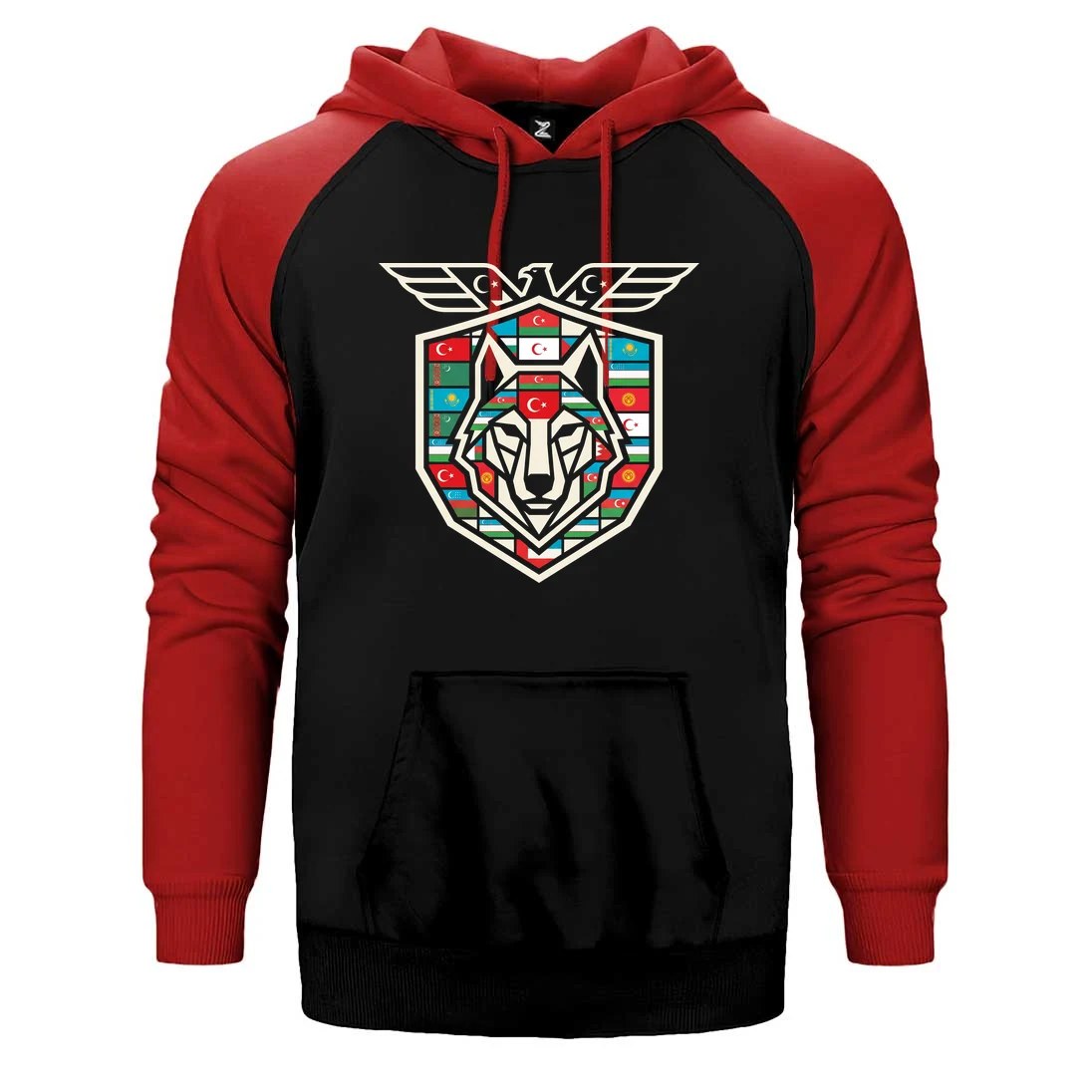 Kanatlı Arma Bayraklı Kalkan Bozkurt Baskılı Çift Renk Reglan Kol Sweatshirt / Hoodie