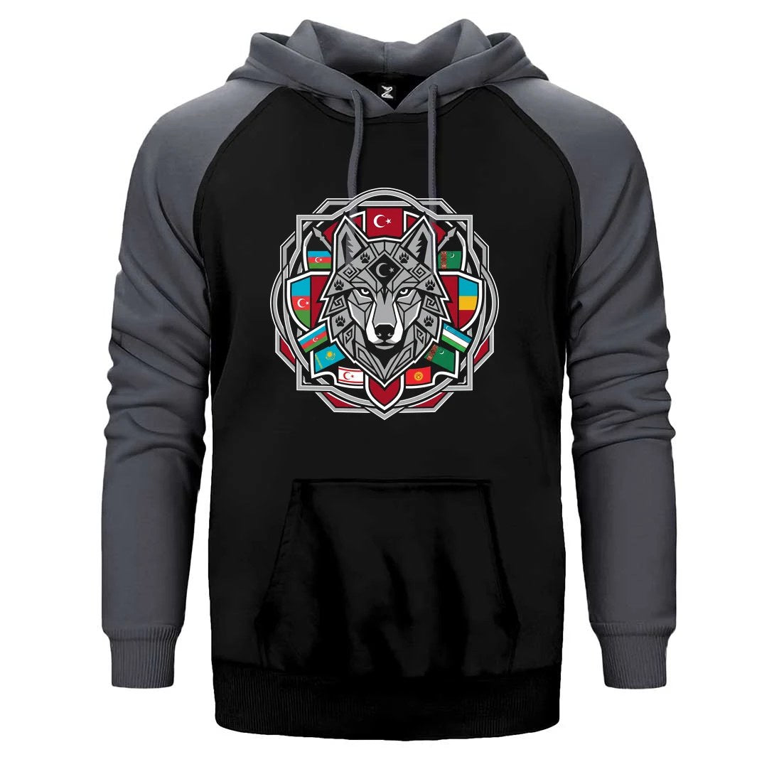Mandala Desenli Bayraklı Gri Kurt Baskılı Çift Renk Reglan Kol Sweatshirt / Hoodie