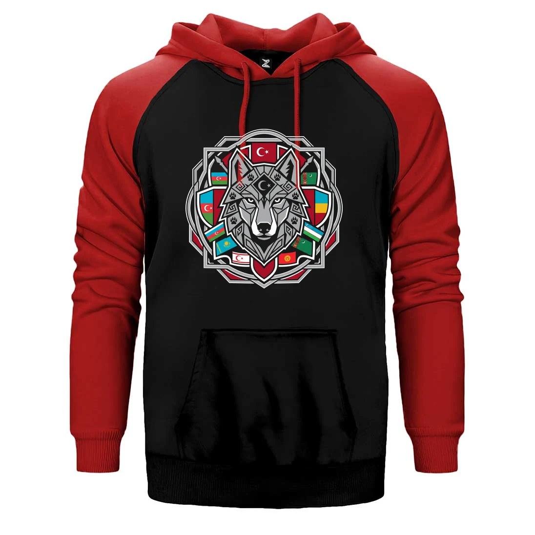 Mandala Desenli Bayraklı Gri Kurt Baskılı Çift Renk Reglan Kol Sweatshirt / Hoodie