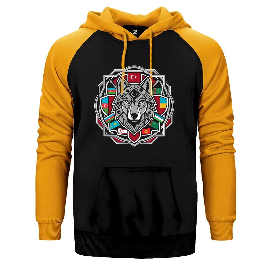 Mandala Desenli Bayraklı Gri Kurt Baskılı Çift Renk Reglan Kol Sweatshirt / Hoodie