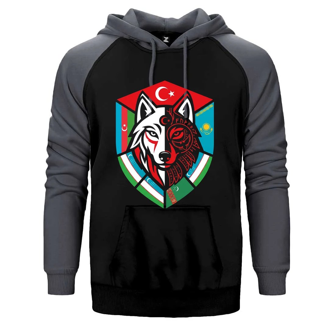 Kardeş Ülke Bayraklı Kalkan Bozkurt Baskılı Çift Renk Reglan Kol Sweatshirt / Hoodie