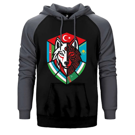 Kardeş Ülke Bayraklı Kalkan Bozkurt Baskılı Çift Renk Reglan Kol Sweatshirt / Hoodie