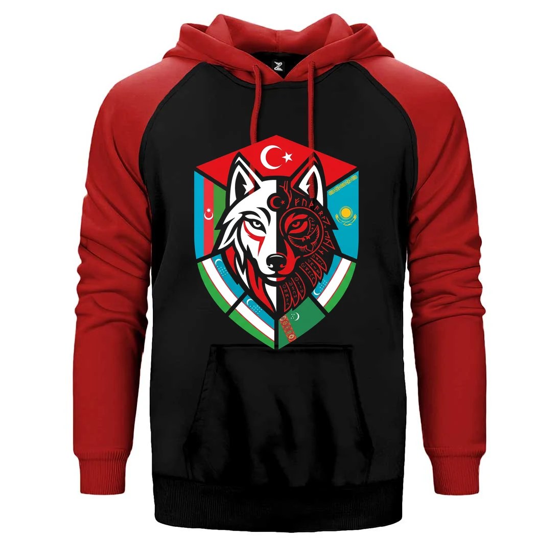 Kardeş Ülke Bayraklı Kalkan Bozkurt Baskılı Çift Renk Reglan Kol Sweatshirt / Hoodie