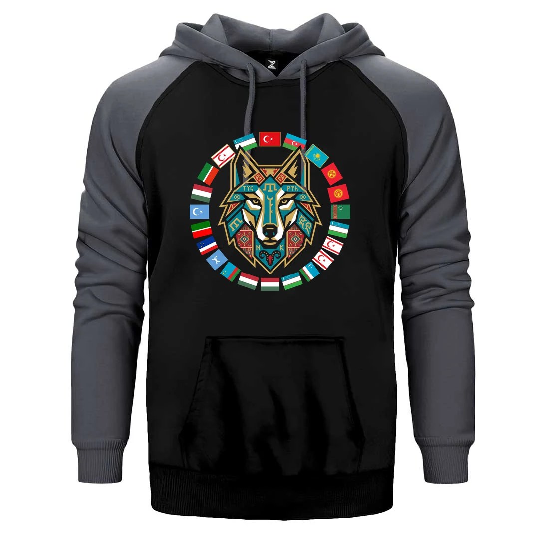 Dairesel Bayrak Çemberli Bozkurt Baskılı Çift Renk Reglan Kol Sweatshirt / Hoodie