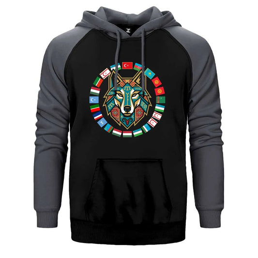 Dairesel Bayrak Çemberli Bozkurt Baskılı Çift Renk Reglan Kol Sweatshirt / Hoodie