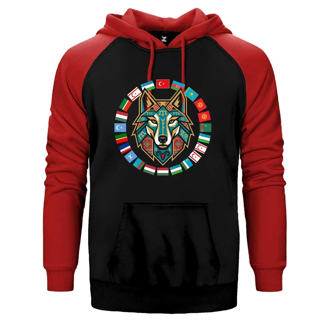 Dairesel Bayrak Çemberli Bozkurt Baskılı Çift Renk Reglan Kol Sweatshirt / Hoodie