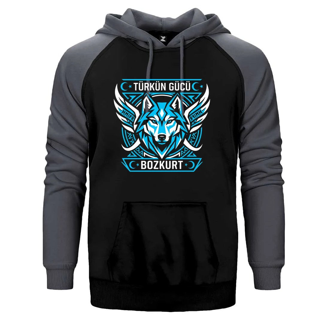 Kanatlı Mavi Bozkurt Turan Yazılı Baskılı Çift Renk Reglan Kol Sweatshirt / Hoodie