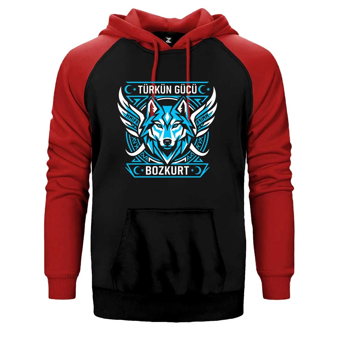 Kanatlı Mavi Bozkurt Turan Yazılı Baskılı Çift Renk Reglan Kol Sweatshirt / Hoodie