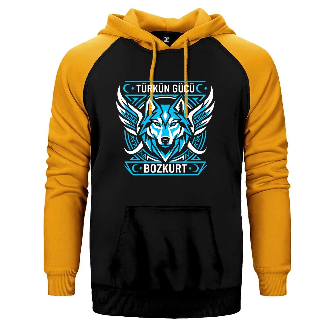 Kanatlı Mavi Bozkurt Turan Yazılı Baskılı Çift Renk Reglan Kol Sweatshirt / Hoodie