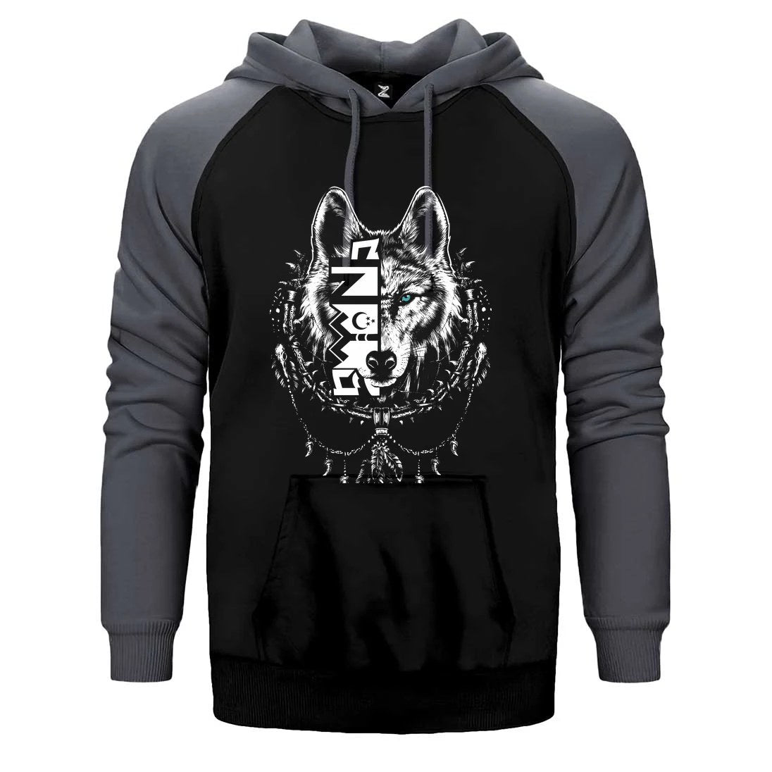 Beyaz Eskiz Tarzı Kurt Başı Baskılı Çift Renk Reglan Kol Sweatshirt / Hoodie