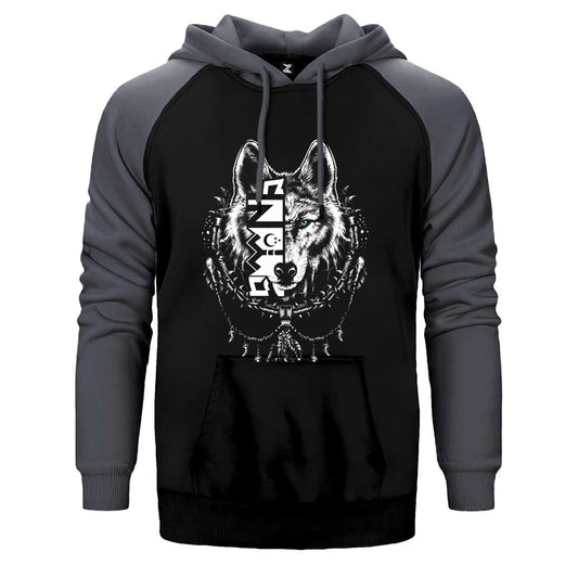 Beyaz Eskiz Tarzı Kurt Başı Baskılı Çift Renk Reglan Kol Sweatshirt / Hoodie