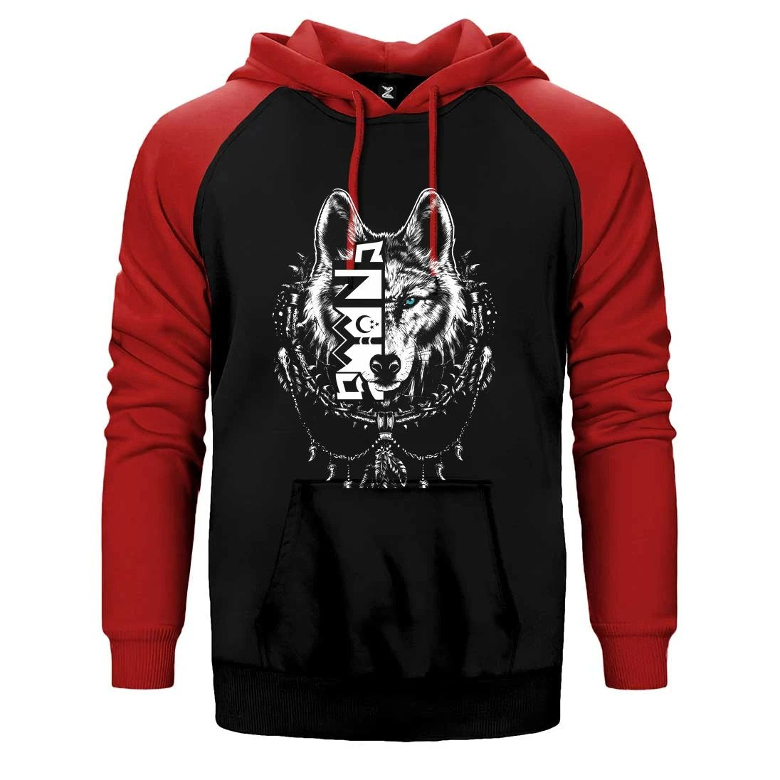 Beyaz Eskiz Tarzı Kurt Başı Baskılı Çift Renk Reglan Kol Sweatshirt / Hoodie