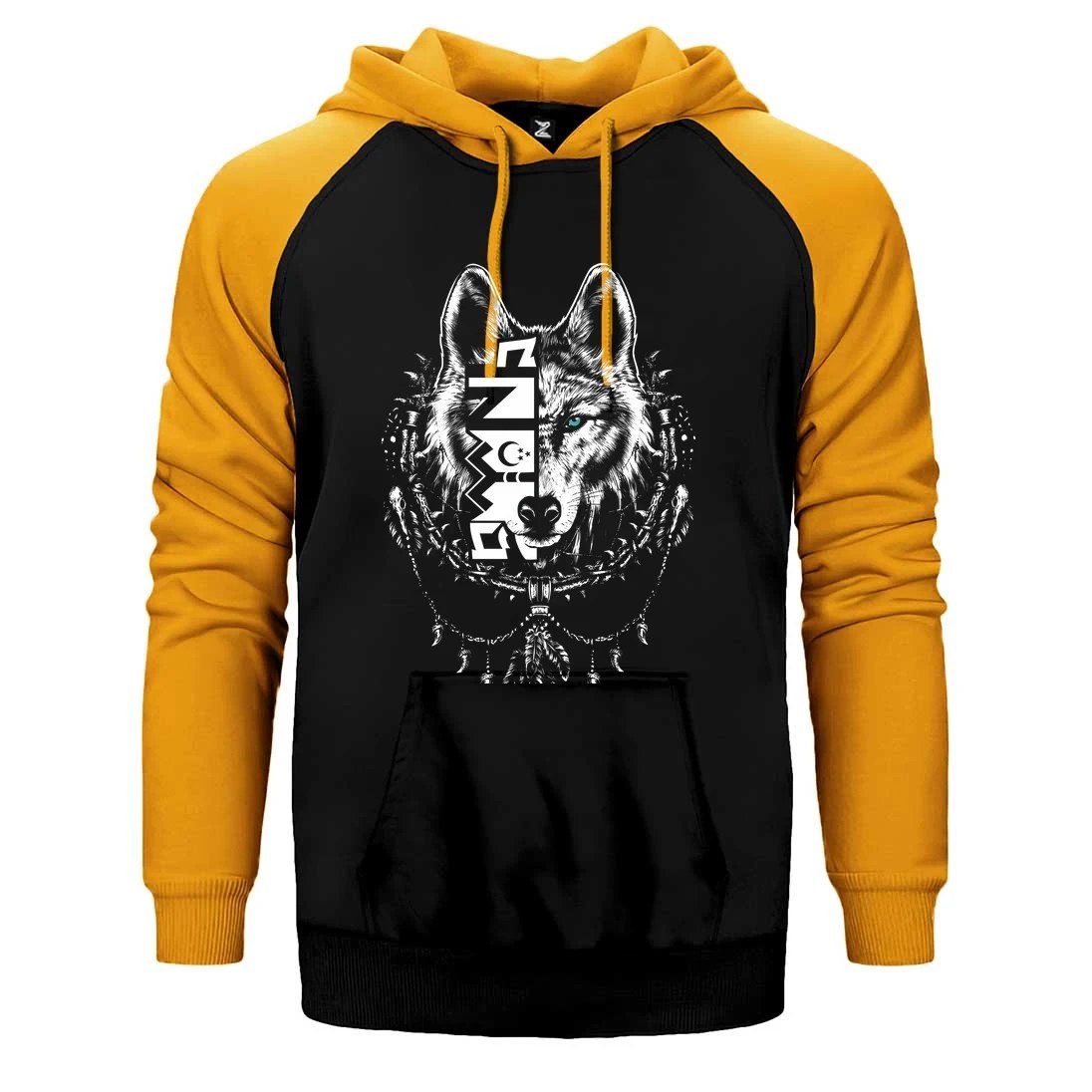 Beyaz Eskiz Tarzı Kurt Başı Baskılı Çift Renk Reglan Kol Sweatshirt / Hoodie