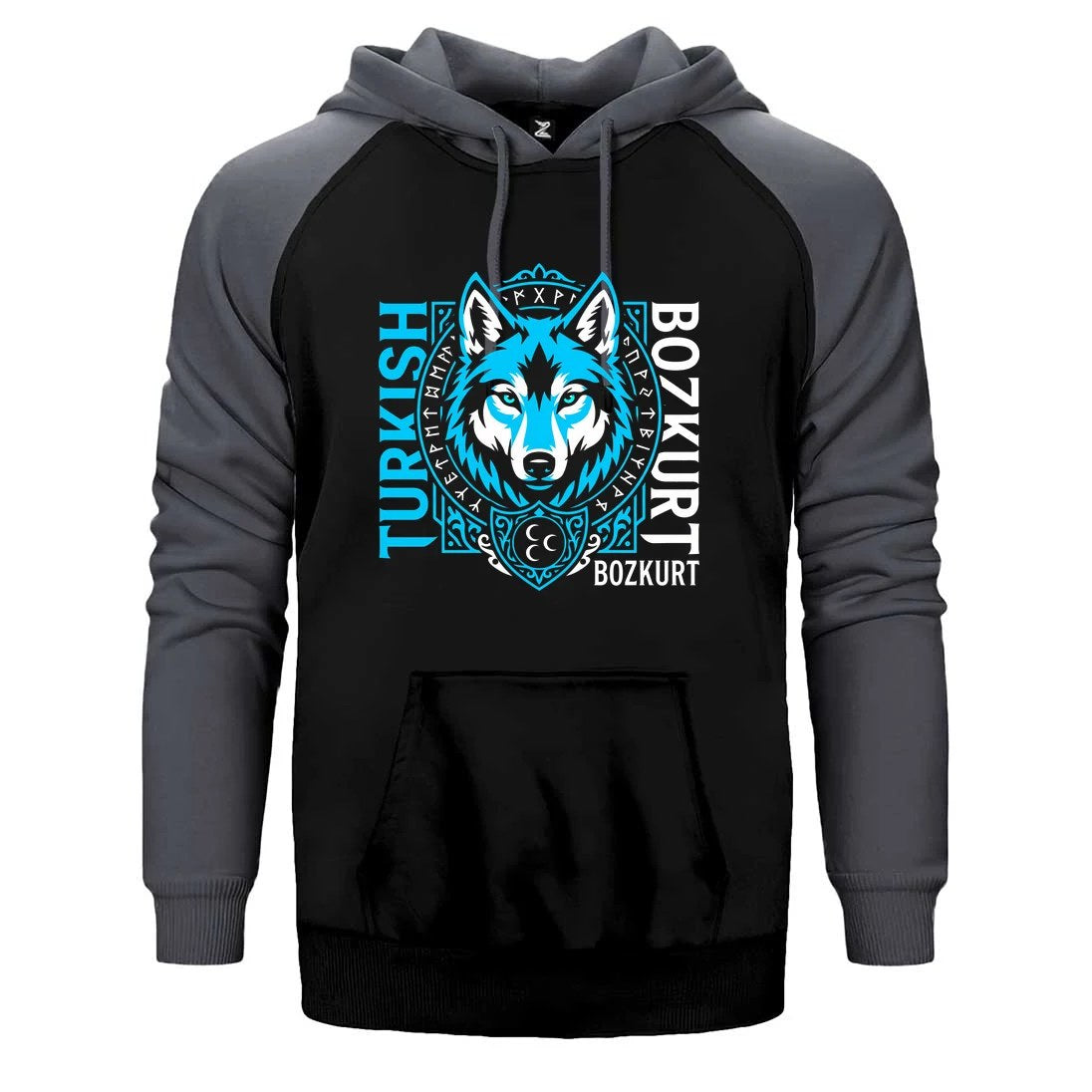 Dikey Turkish Bozkurt Tipografili Mavi Baskılı Çift Renk Reglan Kol Sweatshirt / Hoodie
