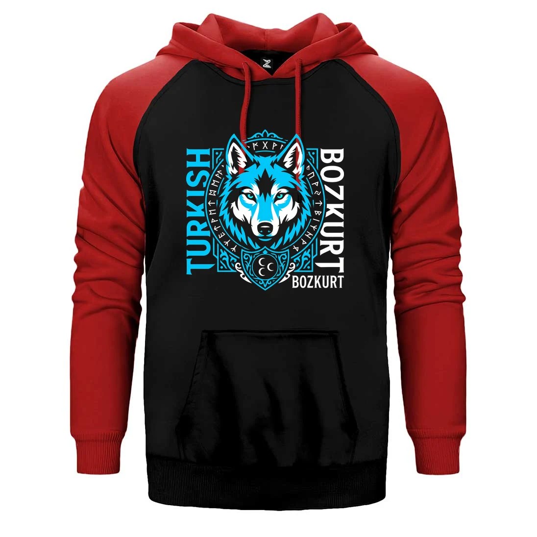 Dikey Turkish Bozkurt Tipografili Mavi Baskılı Çift Renk Reglan Kol Sweatshirt / Hoodie