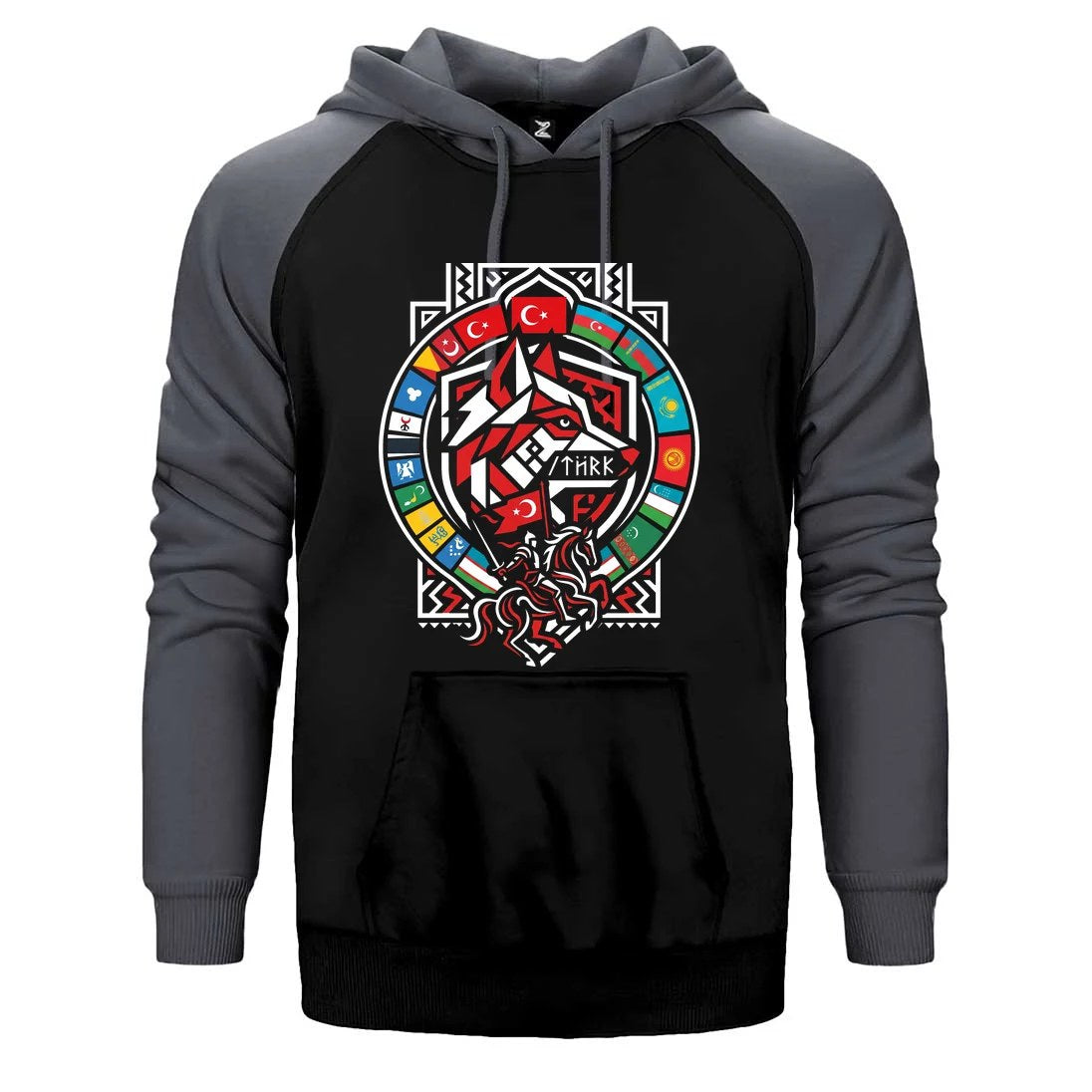 Kırmızı Bayraklı Kalkan Amblem Bozkurt Baskılı Çift Renk Reglan Kol Sweatshirt / Hoodie