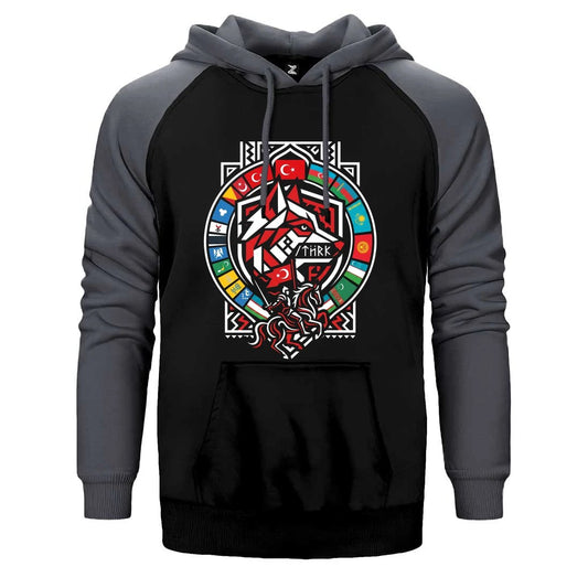 Kırmızı Bayraklı Kalkan Amblem Bozkurt Baskılı Çift Renk Reglan Kol Sweatshirt / Hoodie