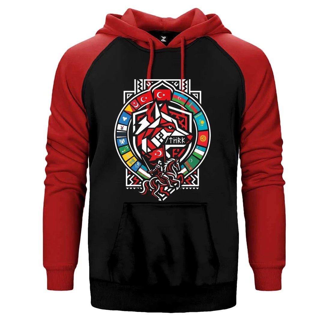 Kırmızı Bayraklı Kalkan Amblem Bozkurt Baskılı Çift Renk Reglan Kol Sweatshirt / Hoodie