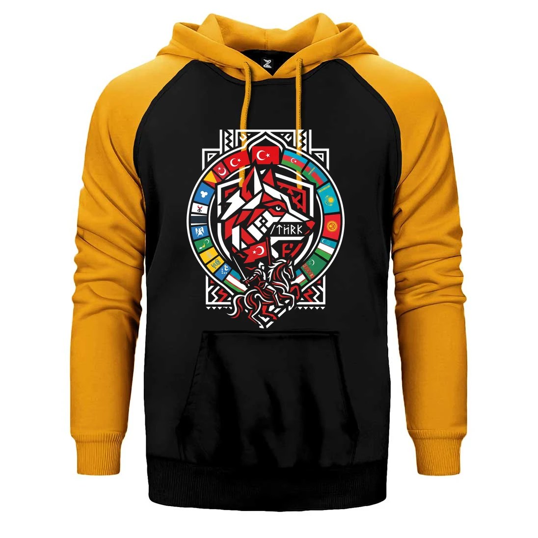 Kırmızı Bayraklı Kalkan Amblem Bozkurt Baskılı Çift Renk Reglan Kol Sweatshirt / Hoodie