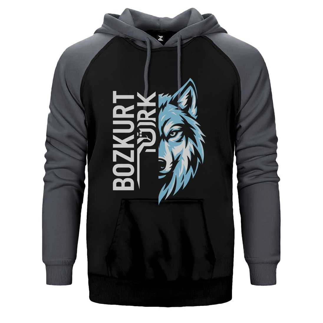Dikey Bozkurt Türk Yazılı Mavi Kurt Profili Baskılı Çift Renk Reglan Kol Sweatshirt / Hoodie
