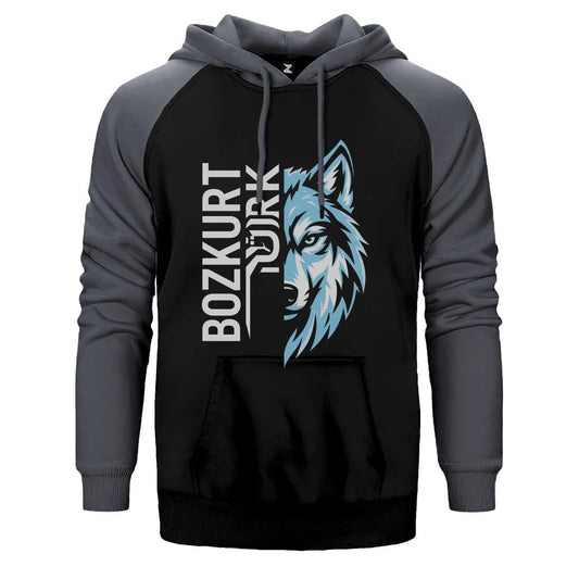 Dikey Bozkurt Türk Yazılı Mavi Kurt Profili Baskılı Çift Renk Reglan Kol Sweatshirt / Hoodie
