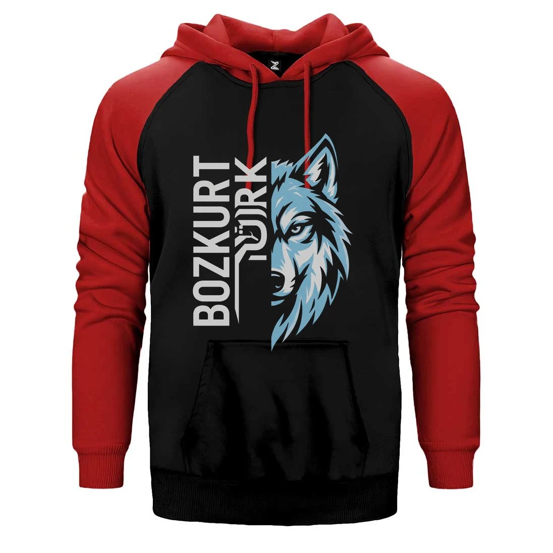 Dikey Bozkurt Türk Yazılı Mavi Kurt Profili Baskılı Çift Renk Reglan Kol Sweatshirt / Hoodie