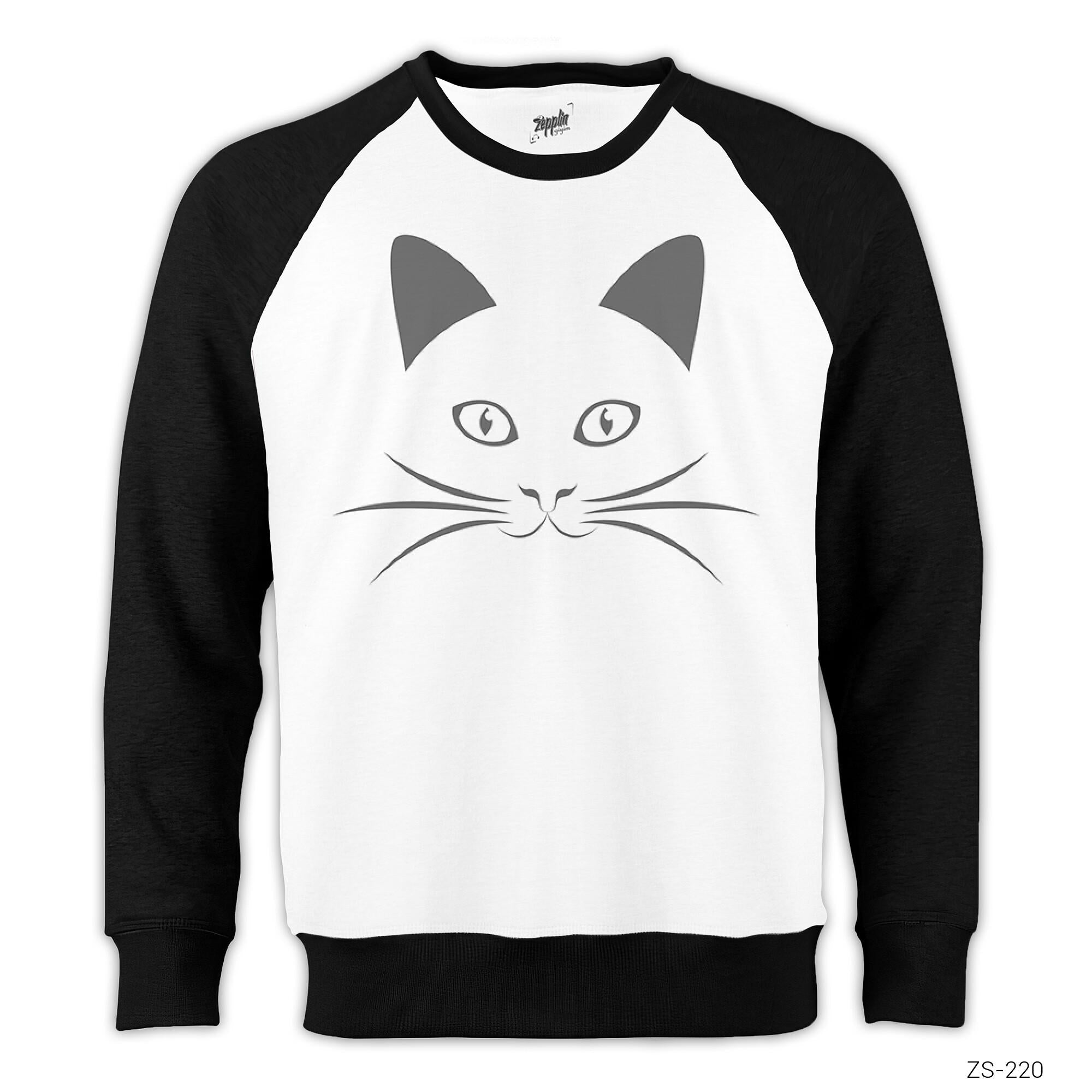 Bıyıklı Kedi Reglan Kol Beyaz Sweatshirt