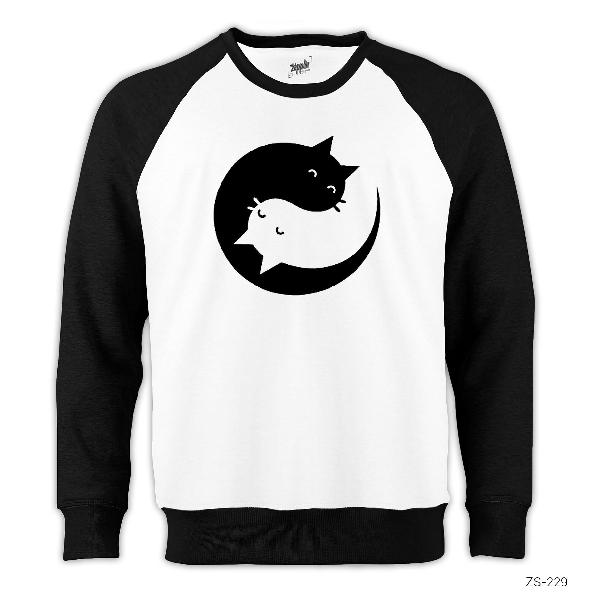 Yin Yang Kedi Reglan Kol Beyaz Sweatshirt