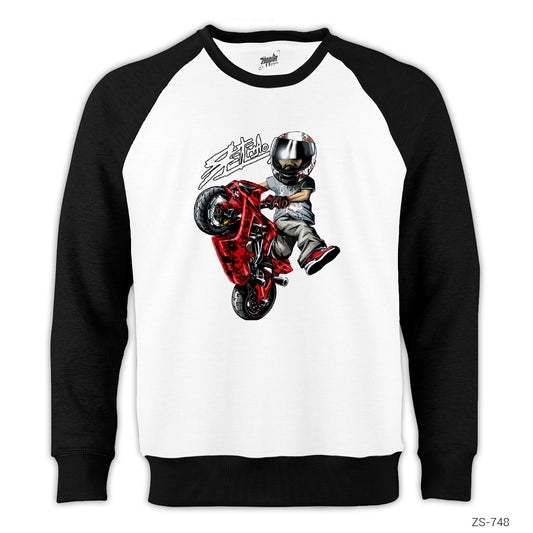 Motorcycle Cartoon Reglan Kol Beyaz Sweatshirt