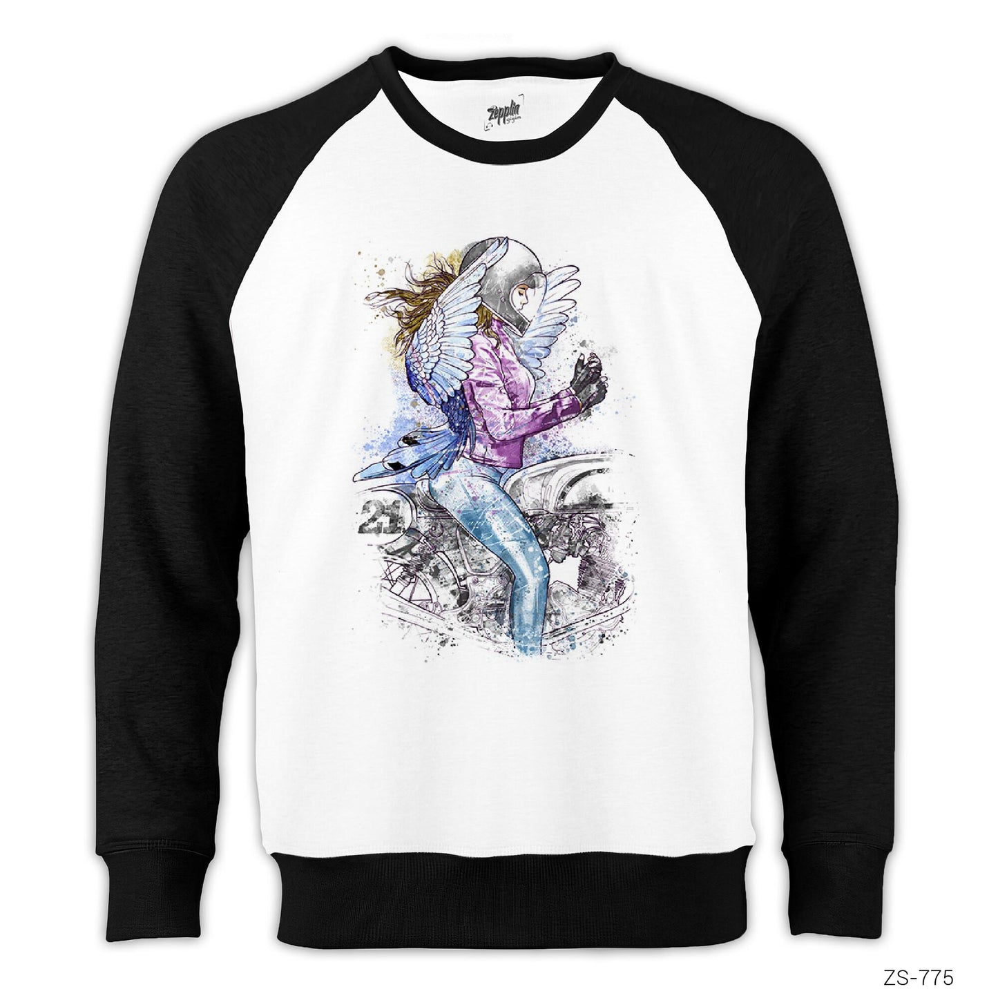 Motorbiker Angel Girl Reglan Kol Beyaz Sweatshirt