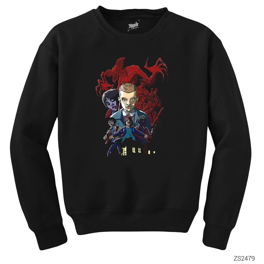Stanger Things Cartoon Siyah Sweatshirt