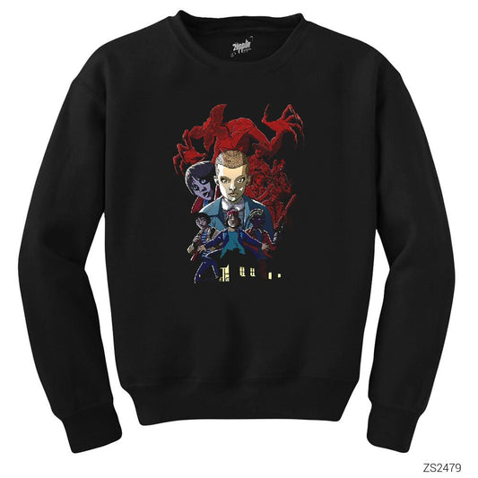 Stanger Things Cartoon Siyah Sweatshirt