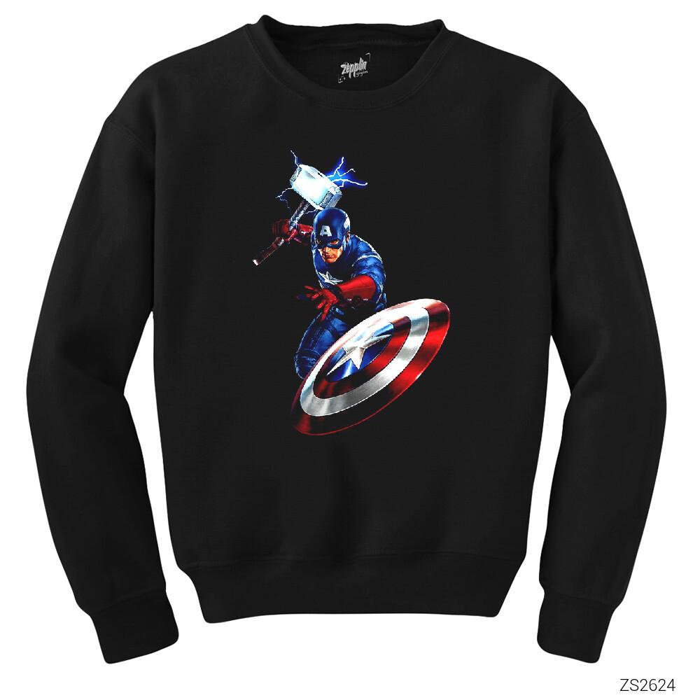 Captain America Mjolnir and Shield Siyah Sweatshirt