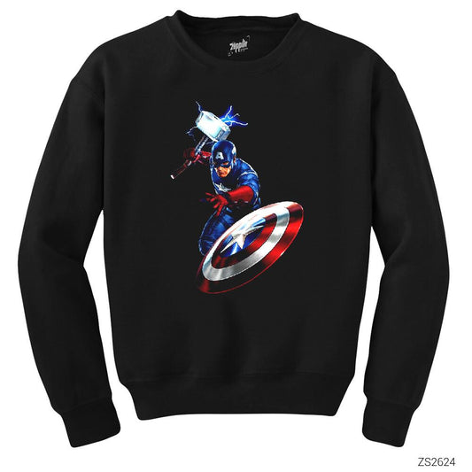Captain America Mjolnir and Shield Siyah Sweatshirt