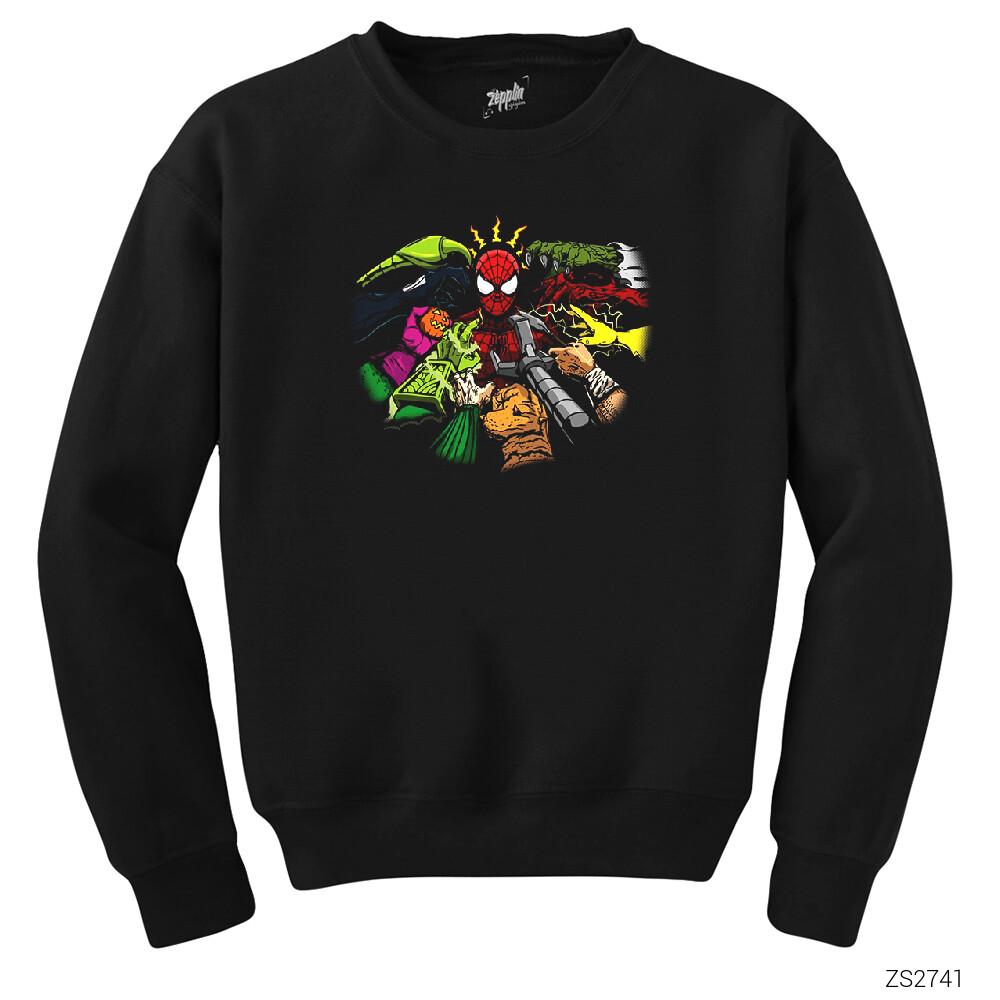 Spiderman And Enemies Siyah Sweatshirt