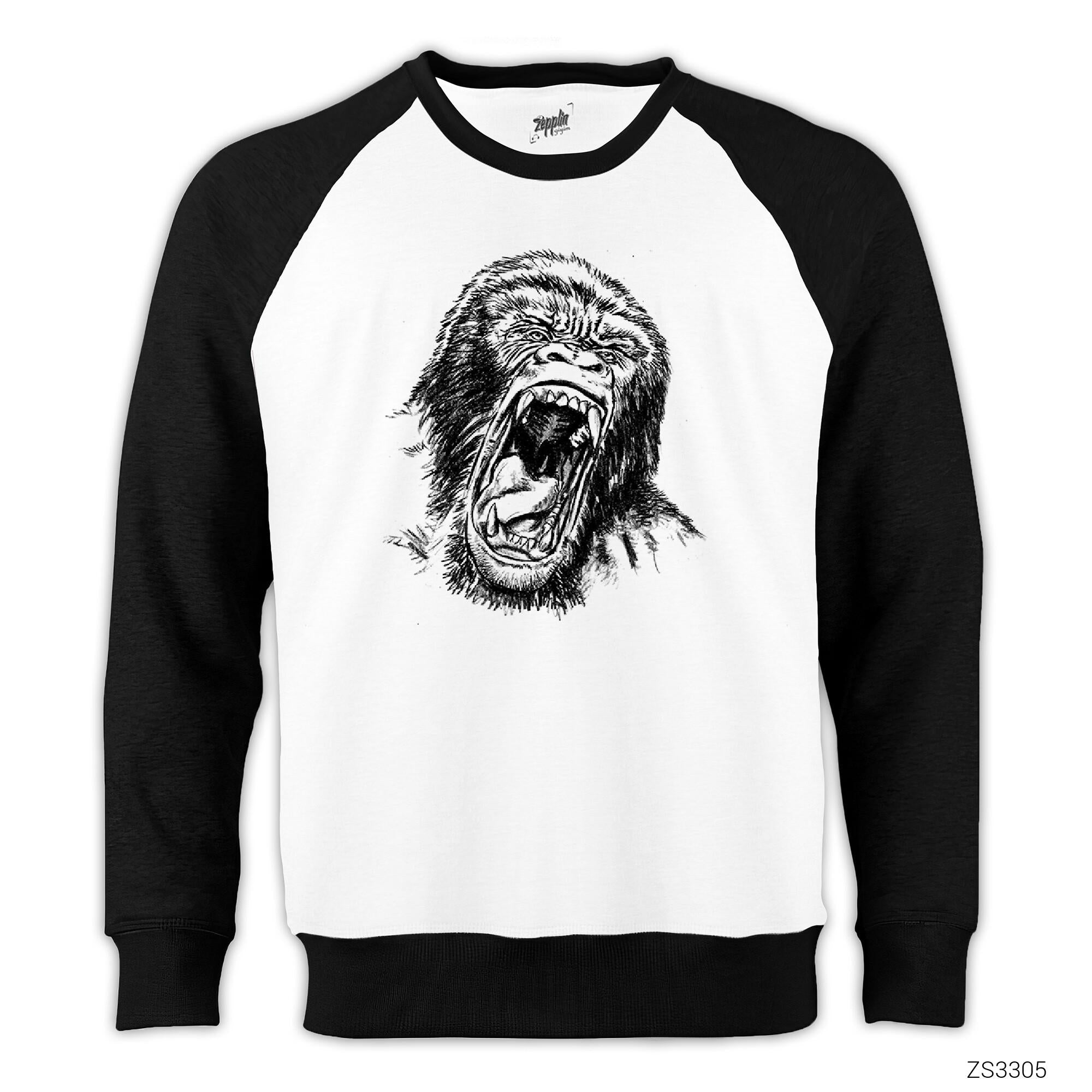 Goril Çizim Reglan Kol Beyaz Sweatshirt