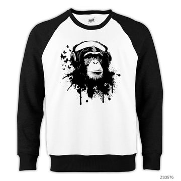 Maymun ve Müzik Reglan Kol Beyaz Sweatshirt