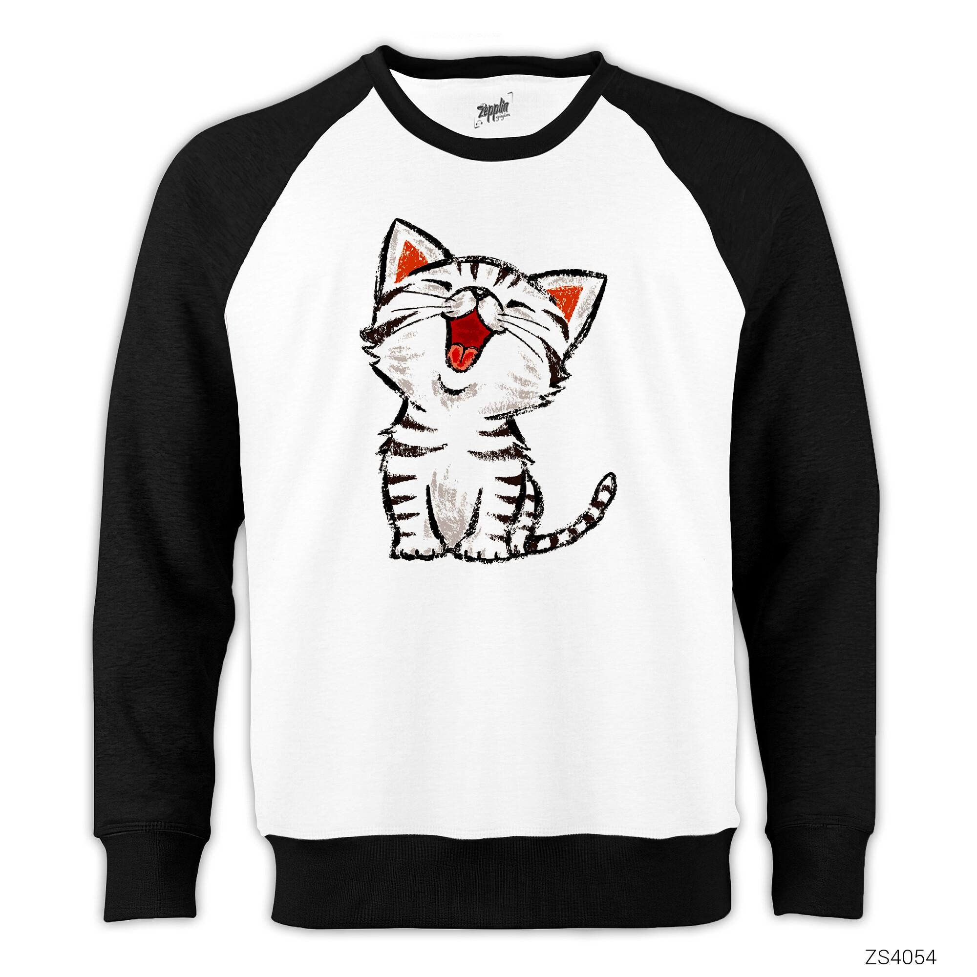 Beyaz Yavru Kedi Reglan Kol Beyaz Sweatshirt