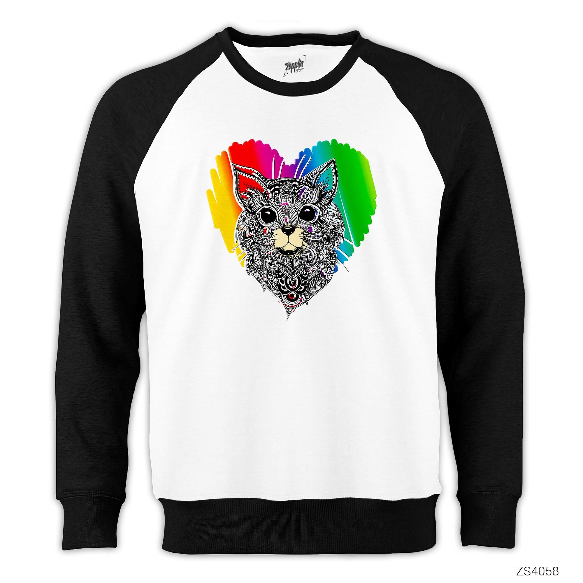 Kedi Gökkuşağı Reglan Kol Beyaz Sweatshirt