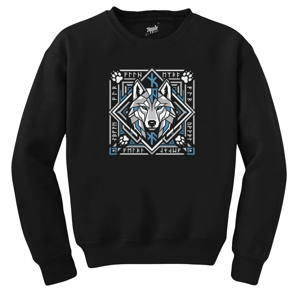 Geometrik Çerçeveli Kurt Başı Baskılı Siyah Sweatshirt