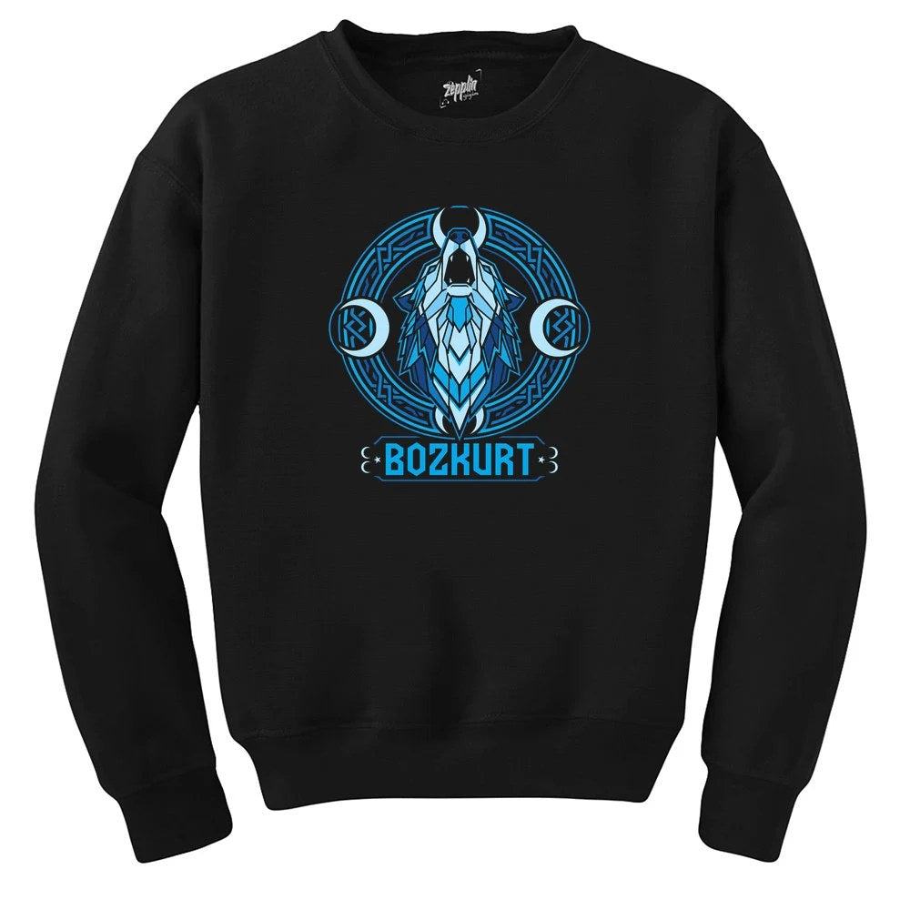 Neon Mavi Hilal Detaylı Bozkurt Baskılı Siyah Sweatshirt