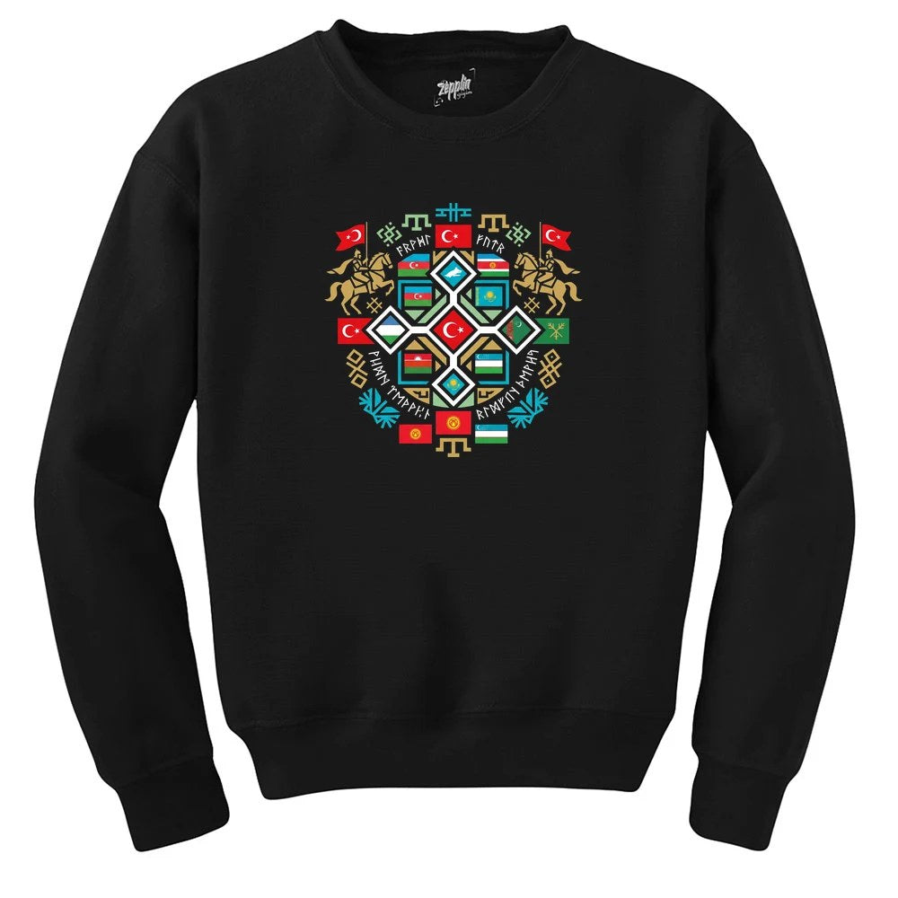 Renkli Mozaik Mandala Türk Motifli Bozkurt Baskılı Siyah Sweatshirt