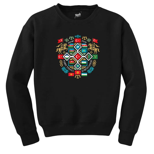 Renkli Mozaik Mandala Türk Motifli Bozkurt Baskılı Siyah Sweatshirt