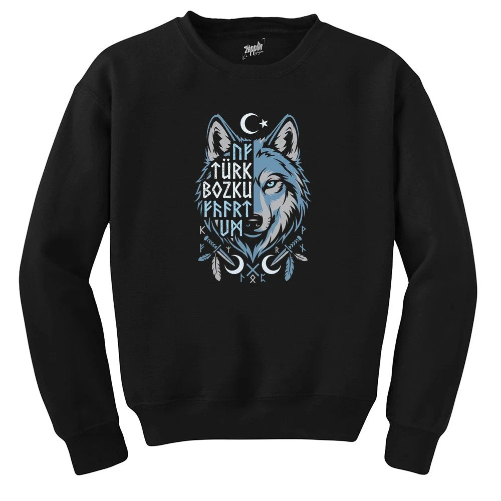 Mavi Ay Yıldızlı Türk Bozkurt Yazılı Baskılı Siyah Sweatshirt