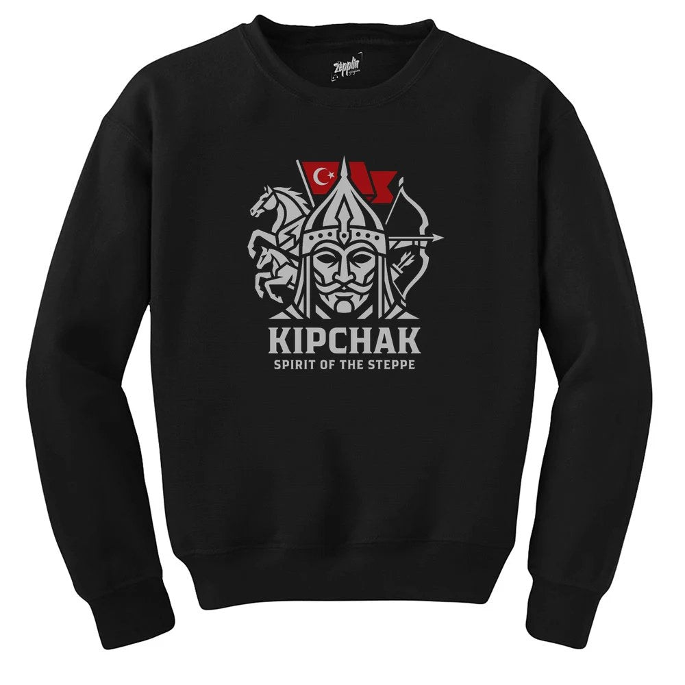 Kıpçak Atlı Okçu Türk Bayraklı Baskılı Siyah Sweatshirt
