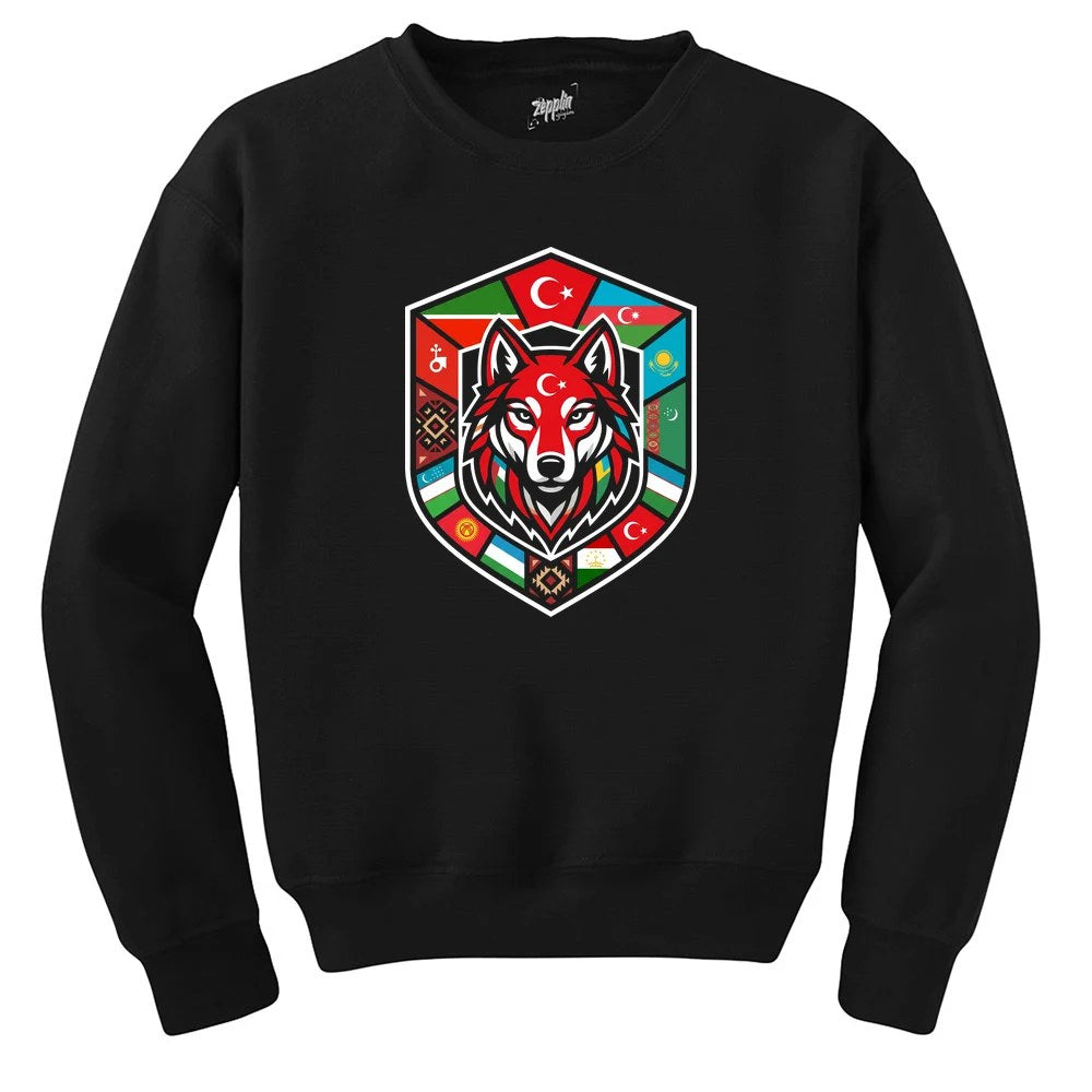 Türk Devletleri Bayraklı Kalkan Bozkurt Baskılı Siyah Sweatshirt