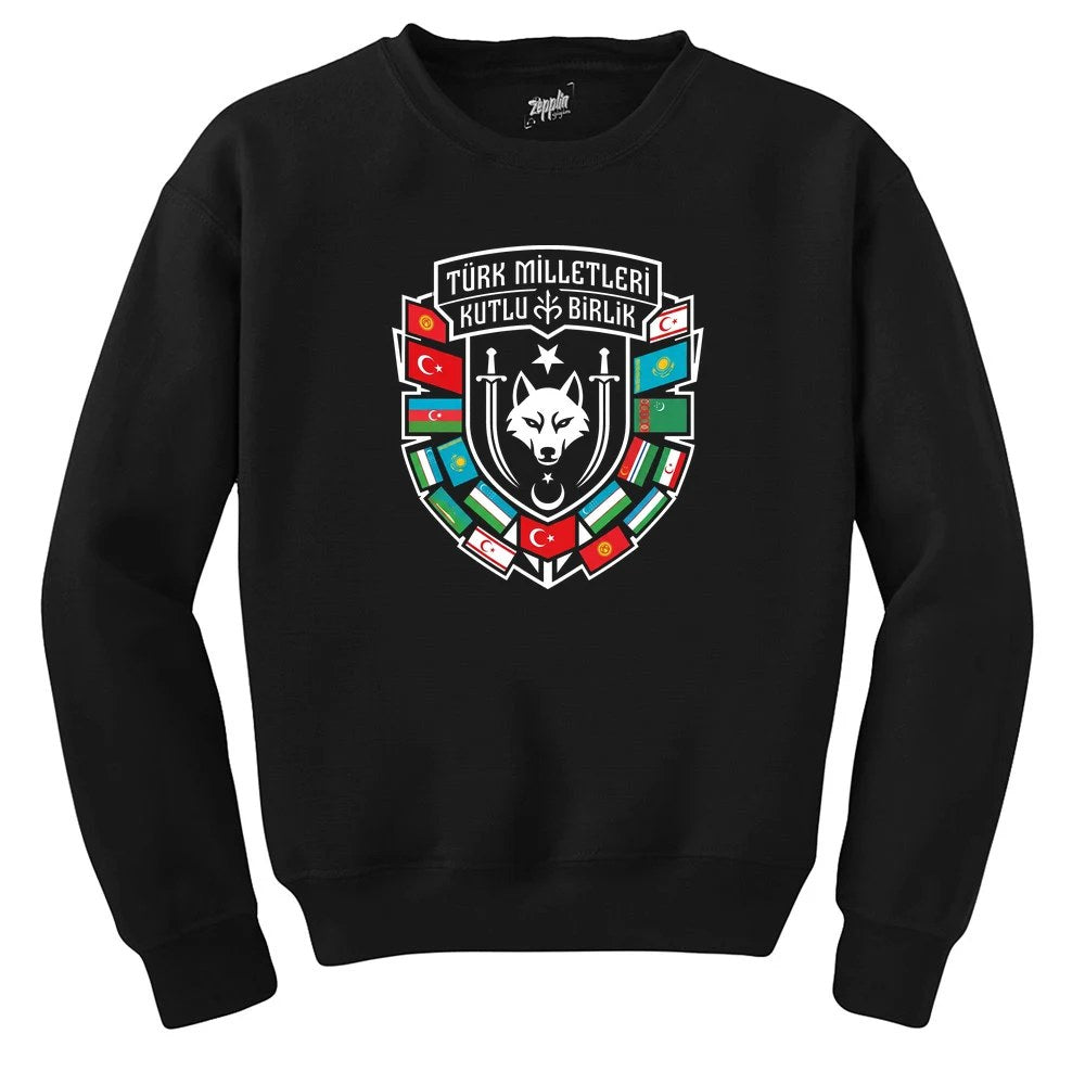 Türk Dünyası Bayrakları Kalkan Amblem Baskılı Siyah Sweatshirt