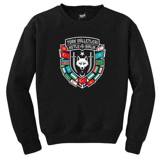 Türk Dünyası Bayrakları Kalkan Amblem Baskılı Siyah Sweatshirt